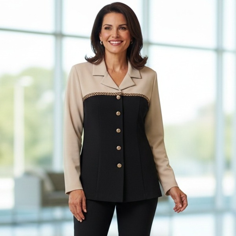 Ronni Nicole by Ouida Colorblock‎ Blazer Leopard Trim Button Front Tan Black